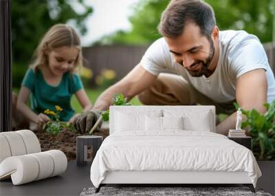 A joyful father and daughter are planting seedlings in their backyard vegetable garden on a sunny day, surrounded by greenery and bright flowers, enjoying quality time together Wall mural