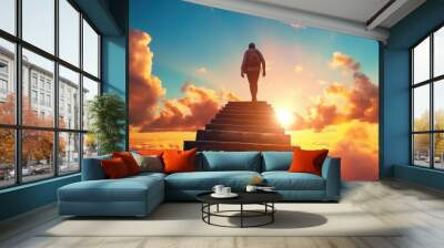 A lone traveler ascends stairs towards a vibrant sunset, surrounded by colorful clouds, creating a serene moment filled with contemplation and hope Wall mural