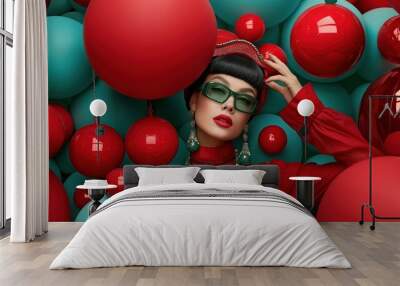 A model showcases a striking look with bold red attire and oversized green sunglasses while posing against a backdrop of colorful round ornaments, embodying high-fashion and creativity Wall mural