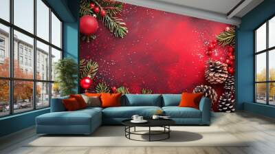 a vibrant arrangement featuring red ornaments, pine cones, and greenery, creating a festive atmosphe Wall mural