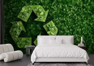 A vibrant recycling symbol crafted from various shades of green leaves rests atop a rich, leafy background, highlighting themes of sustainability and ecological preservation in nature Wall mural