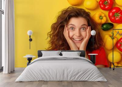 A young woman expresses delight while surrounded by various colorful vegetables, including bell peppers and tomatoes, set against a cheerful yellow background, promoting healthy living Wall mural