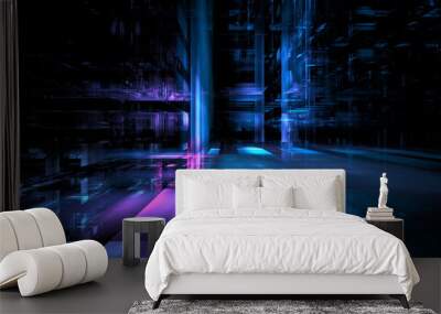 Abstract 3d space, design elements. Digital technologies and data centers. Building design, digital economy. Glowing walls. 3d render Wall mural