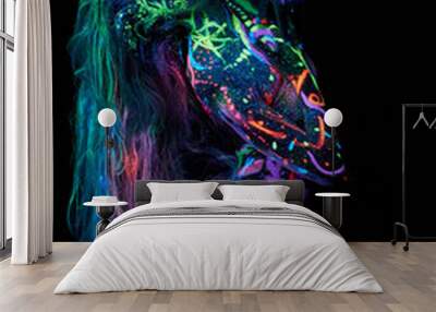 Art woman body art on the body dancing in ultraviolet light. Bright abstract drawings on the girl body neon color. Fashion and art woman, out of focus Wall mural