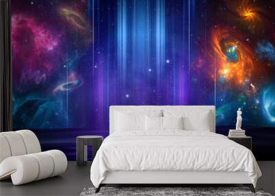 Astronaut cosmonaut discovery of new worlds of galaxies panorama, fantasy portal to far universe. Astronaut space exploration, gateway to another universe. 3d render Wall mural