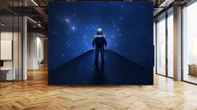 Astronaut cosmonaut stands on bridge of reflecting stars and looks into space, billions of stars and galaxies. Discovering new worlds. 3d render Wall mural