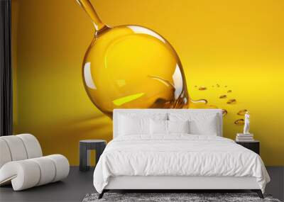 Drop of oil. Shine yellow Cosmetic oil or Cosmetic Essence Liquid drop. Fresh engine oil liquid eco nature. 3d render Wall mural