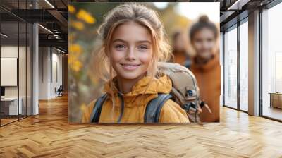 Family hiking together on a mountain trail, showcasing the importance of spending time outdoors and staying active Wall mural