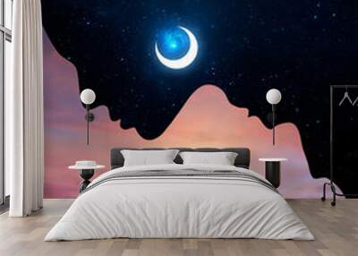 Man and woman love relationship. Day and night, yin yang, silhouette of a couple face. Sunset and night inside man and woman, concept of confrontation Wall mural