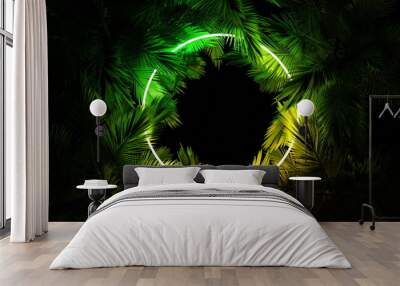 Neon glowing circle ring in palm leaves, tropical dark background. Blue purple yellow green color. Glowing linear volumetric neon round circle. 3d render Wall mural