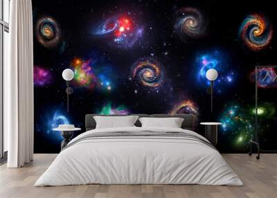 Panorama Space scene with planets, stars and galaxies. Banner template. Many Nebulae and galaxies in space, many light years away. Deep Universe. Large-scale structure 3D rendered Wall mural