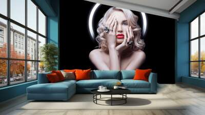 Perfect portrait woman on a black background. Beautiful eyes, Natural beauty clean skin, face and hair care. Strong thick hair. Art Sexy beautiful blonde with halo over her head and long hair. Jewelry Wall mural