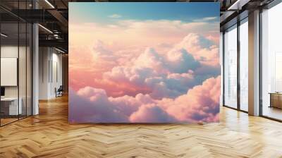 Pink blue clouds at sunset, cloudy air, flying in the sky, landscape sky at dawn. 3d render Wall mural