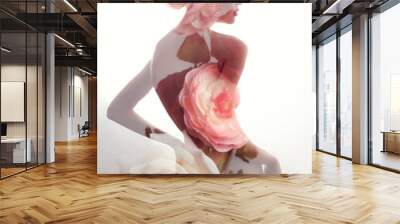 Portrait of a naked girl with double exposure on a background of rose flowers. Art Nude woman with perfect figure on white background, isolated colors Wall mural