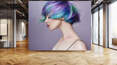 portrait of a woman with bright colored flying hair, all shades of purple. hair coloring, beautiful  Wall mural