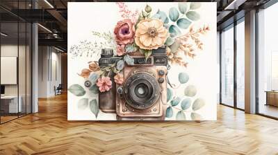 Retro camera in flowers and plants. photo camera. Can be used as print, logo, for cards, wedding invitation Wall mural