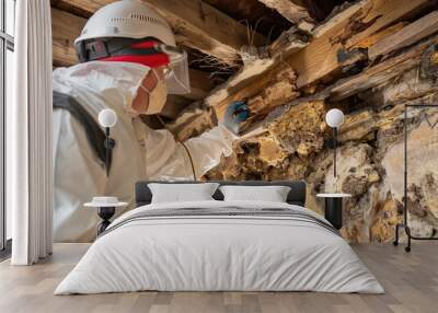 Technician in protective clothing conducting termite inspection and treatment to prevent structural damage to a house Wall mural