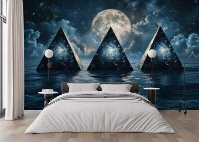 The tranquil ocean reflects three glowing pyramids amidst calm waters, surrounded by a starry sky and a bright full moon casting an ethereal light at night Wall mural