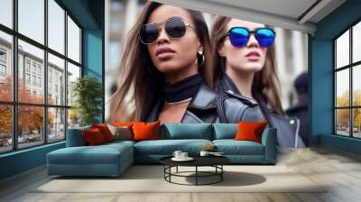 Two fashionable women stand confidently in an urban setting, dressed in leather jackets and sunglasses, enjoying the vibrant atmosphere of a sunny outdoor event Wall mural