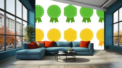 Medal set with ribbon. Green and yellow award badges. Achievement label. Vector sale badges collection in flat style Wall mural