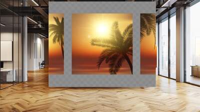 Tropical beach sunset vector illustration. Silhouette of palm trees against a sunset ocean Wall mural