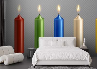 Vector realistic candle set with fire isolated on transparent background. Diferent color candles collection with flame for birthday cake. Burning candlelight icon.Vector illustration  EPS10 Wall mural