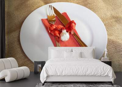 White dish with cutlery and christmas decoration Wall mural