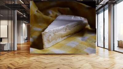 Slice of french brie cheese on yellow background Wall mural