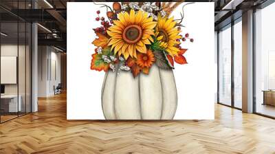 watercolor fall composition with pumpkin, sunflowers, dry herbs Wall mural