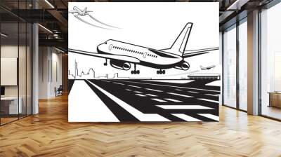 Aircraft touchdown on runway at airport - vector illustration Wall mural