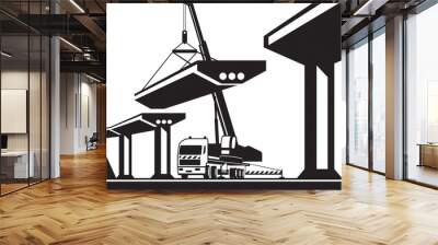 Mobile crane lifting part of a bridge - vector illustration Wall mural