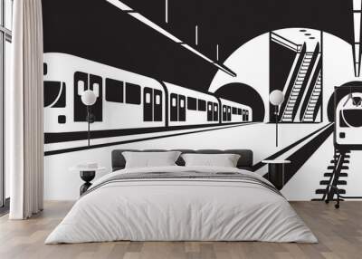 Platform of subway station with trains - vector illustration Wall mural