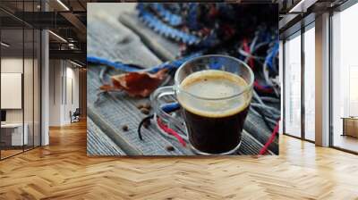 Delicious fresh espresso coffee and beans on wooden table  Wall mural