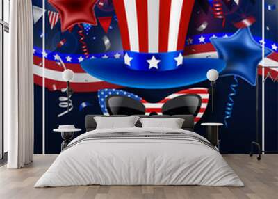 4th of july party poster with hat and sunglasses. american independence day flyer with party balloons, streamers, confetti and pennants Wall mural