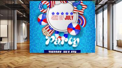 4th of july pool party poster. american independence background with inflatables on pool water Wall mural