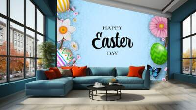 easter poster with flowers and colorful eggs. happy easter background Wall mural