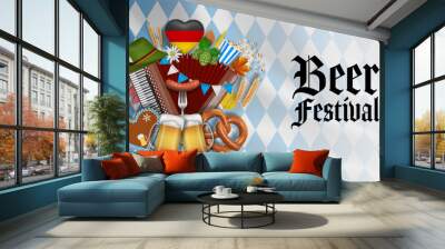 oktoberfest banner with accordion, beer mugs, pretzel and fall leaves  Wall mural