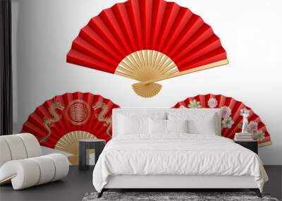 set red chinese fans with flowers and dragons Wall mural