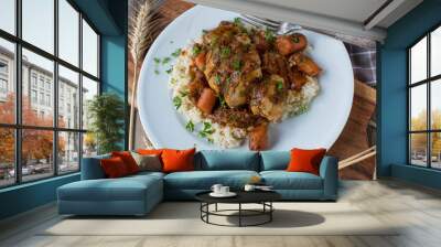 Braised chicken breast with vegetables, sauce and brown rice Wall mural