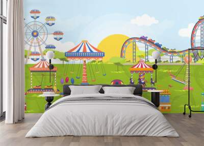 Amusement park horizontal landscape illustration. Activity in summer: carousel, ferries wheel, roller coaster. Entertainment recreation concept. Flat vector. Wall mural