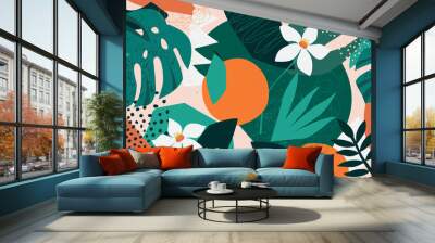 Collage contemporary floral seamless pattern. Modern exotic jungle fruits and plants illustration in vector. Wall mural