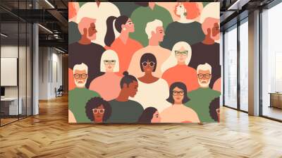 Crowd of young and elderly men and women in trendy hipster clothes. Diverse group of stylish people standing together. Society or population, social diversity. Flat cartoon vector illustration. Wall mural