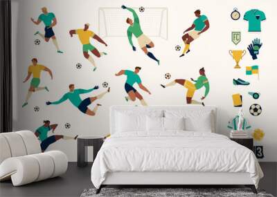 Football soccer player set of isolated characters and modern set of soccer and football icons. Vector illustration. Wall mural