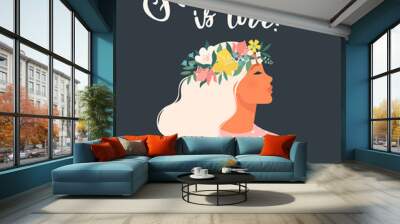 Happy womens day. Template for a spring banner, card, poster. Beautiful women with a flower wreath and dress. Vector illustration with an lettering. Pretty girl in nature. Wall mural