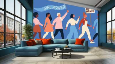 International Womens Day. Vector illustration with women different nationalities and cultures. Struggle for freedom, independence, equality. Wall mural