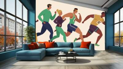 Jogging people. Runners group in motion. Running men and women sports background. People runner race, training to marathon, jogging and running illustration. Wall mural