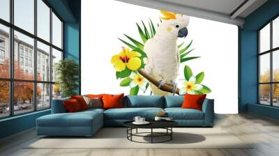 Parrot cockatoo on the tropical branches with leaves and flowers on white background. Vector illustration. Wall mural