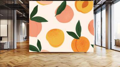 Peach or apricot seamless pattern. Hand drawn fruit and sliced pieces. Summer tropical endless background. Vector fruit design for label, fabric, packaging. Seamless surface design. Wall mural