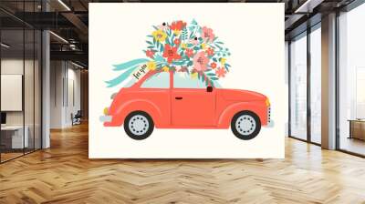 Red retro toy car delivering bouquet of flowers box on pink background. February 14 card, Valentines day. Flower delivery. 8 March, International Happy Womens Day. Vector illustration. Wall mural