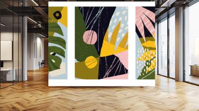 Set of modern posters for home decor, invitation, greeting card designs. Abstract minimalist illustrations with hand drawn design elements, plants, geometric shapes. Wall mural